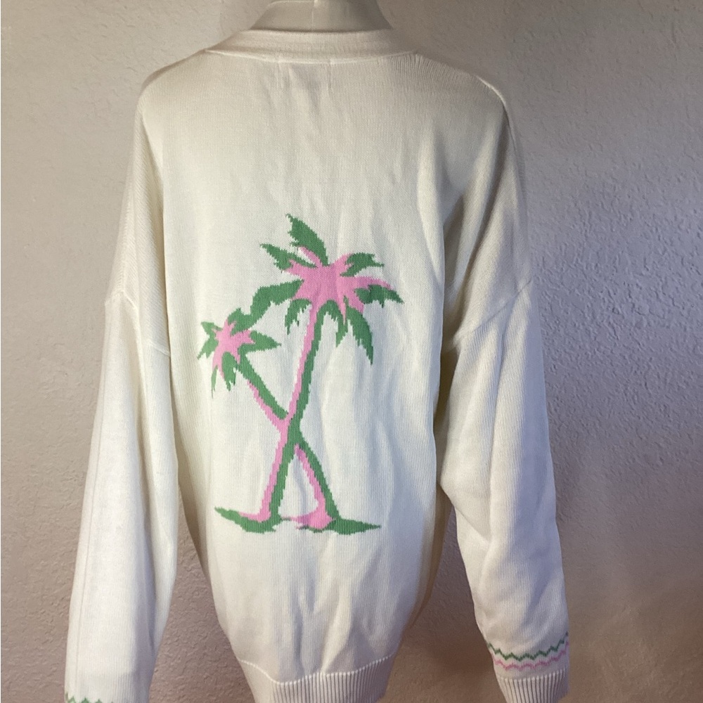27 miles knit Palm Tree tropical White, pink, button Sweater elegant